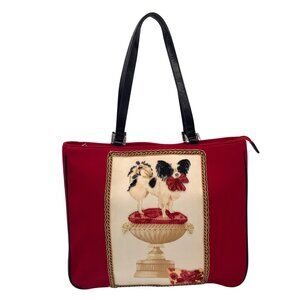 Cynthia Hart Red Fabric Beaded Dog Tote Bag